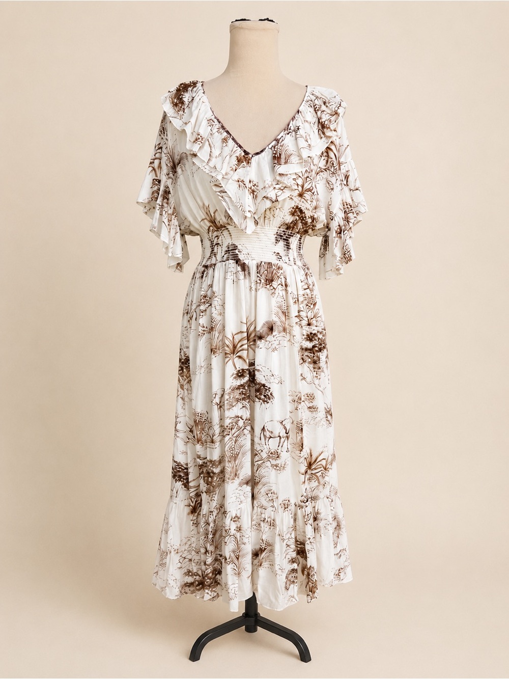 Sandro Paris Safari Toile Ruffle Midi Dress Smocked Waist NWT Small